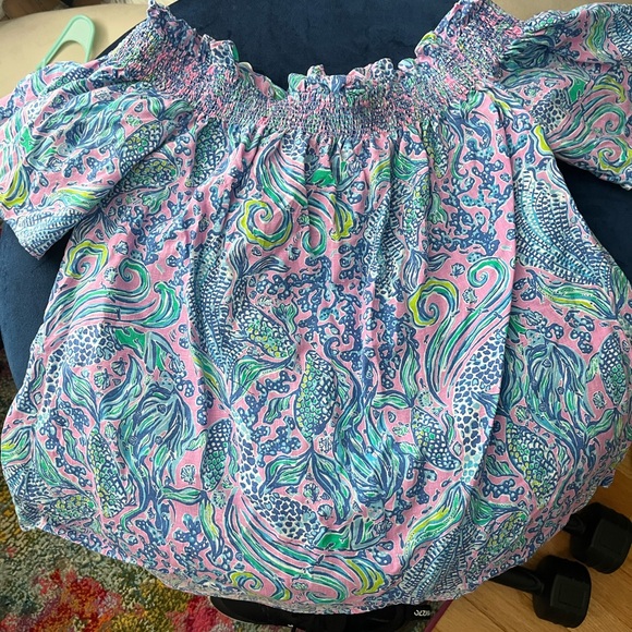 Lilly Pulitzer Leanne Off-The-Shoulder Linen Top Lilac Rose We Mermaid size L! - Picture 8 of 9